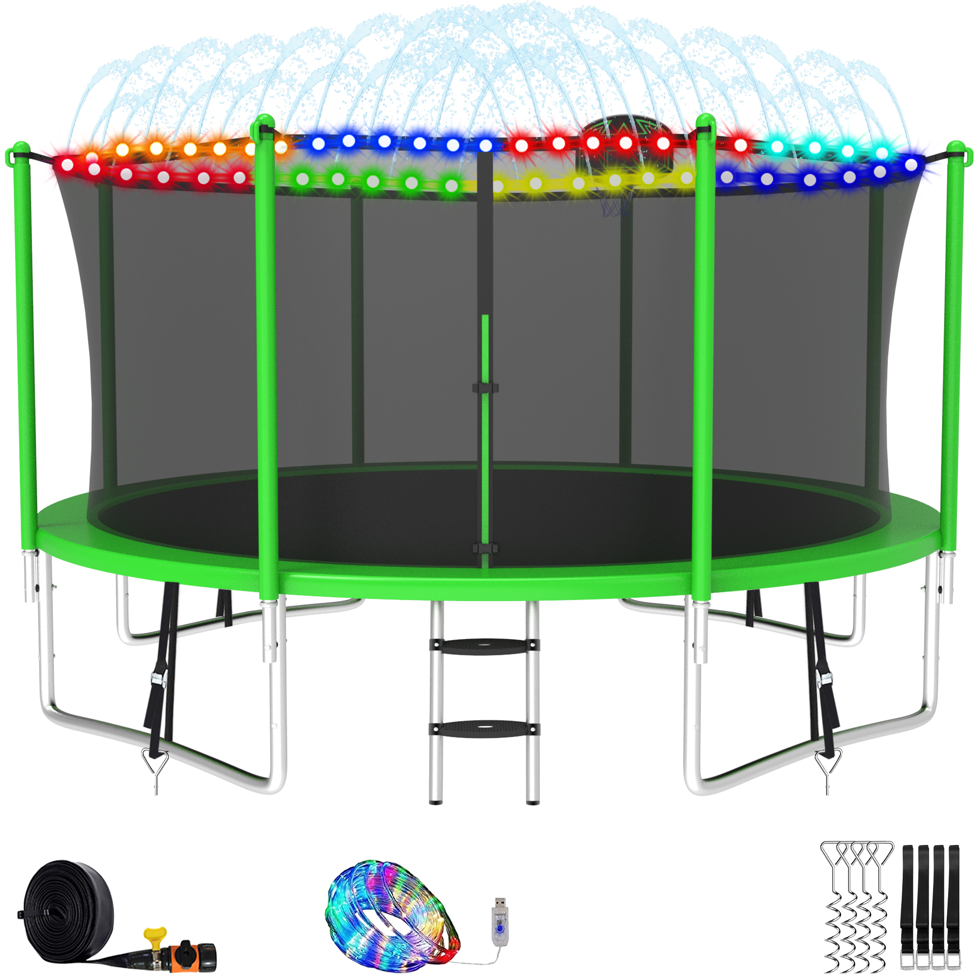 Elitezip Trampolines 14FT, Trampolines for 4-6 Kids/1-2 Adults, 1400LBS Outdoor Trampolines with Enclosure Net, Basketball Hoop, Lights, Sprinkler, Heavy Duty Recreational Trampoline Backyard, Black