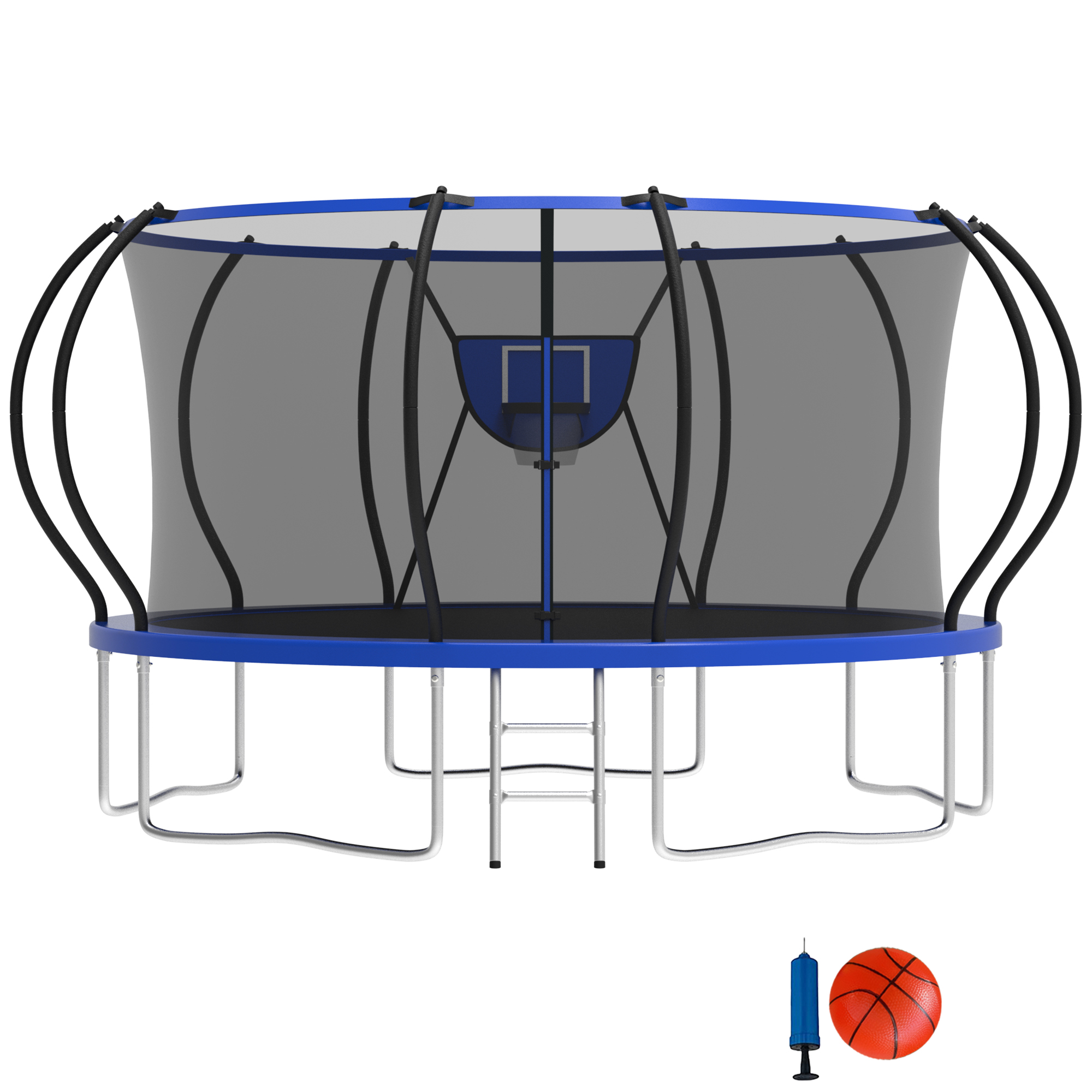 Elitezip 14FT Trampoline with Basketball Hoop, Outdoor Trampoline with Enclosure Net, Ladder, Heavy-duty Recreational Trampoline, 1400LBS Capacity Trampoline for Kids and Adults, Upgrade Curved Pole