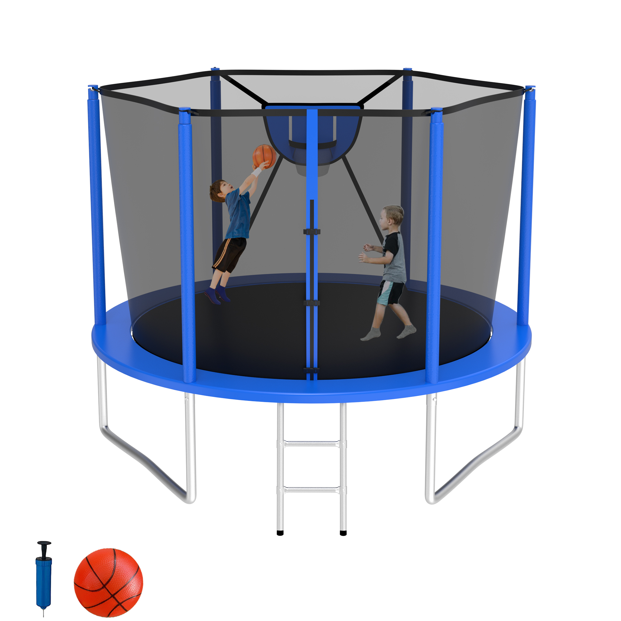 Elitezip Outdoor Trampoline 10FT, Trampolines with Safety Enclosure Net for Kids, Backyard Recreational Trampoline with Basketball Hoop, Ladder, Heavy-Duty Round Trampoline for Adult, 1000LBS Loading