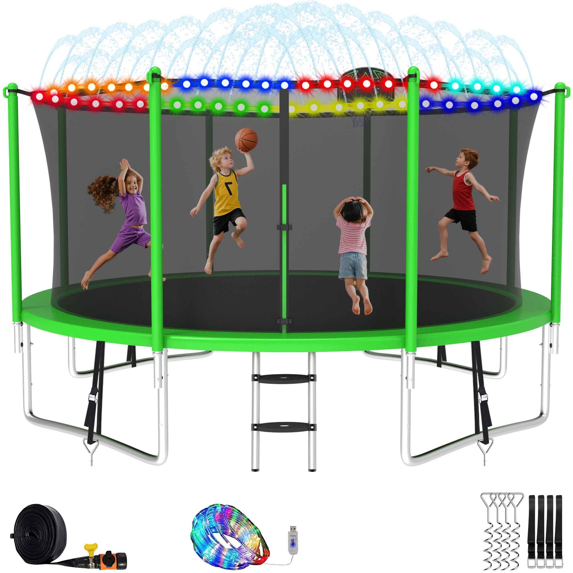 Elitezip 12FT Trampoline with Enclosure Net, 1200LBS Trampolines for Kids and Adults, Outdoor Trampoline with Basketball Hoop, Ladder, Lights and Sprinkler, Backyard Recreational Trampolines, Black