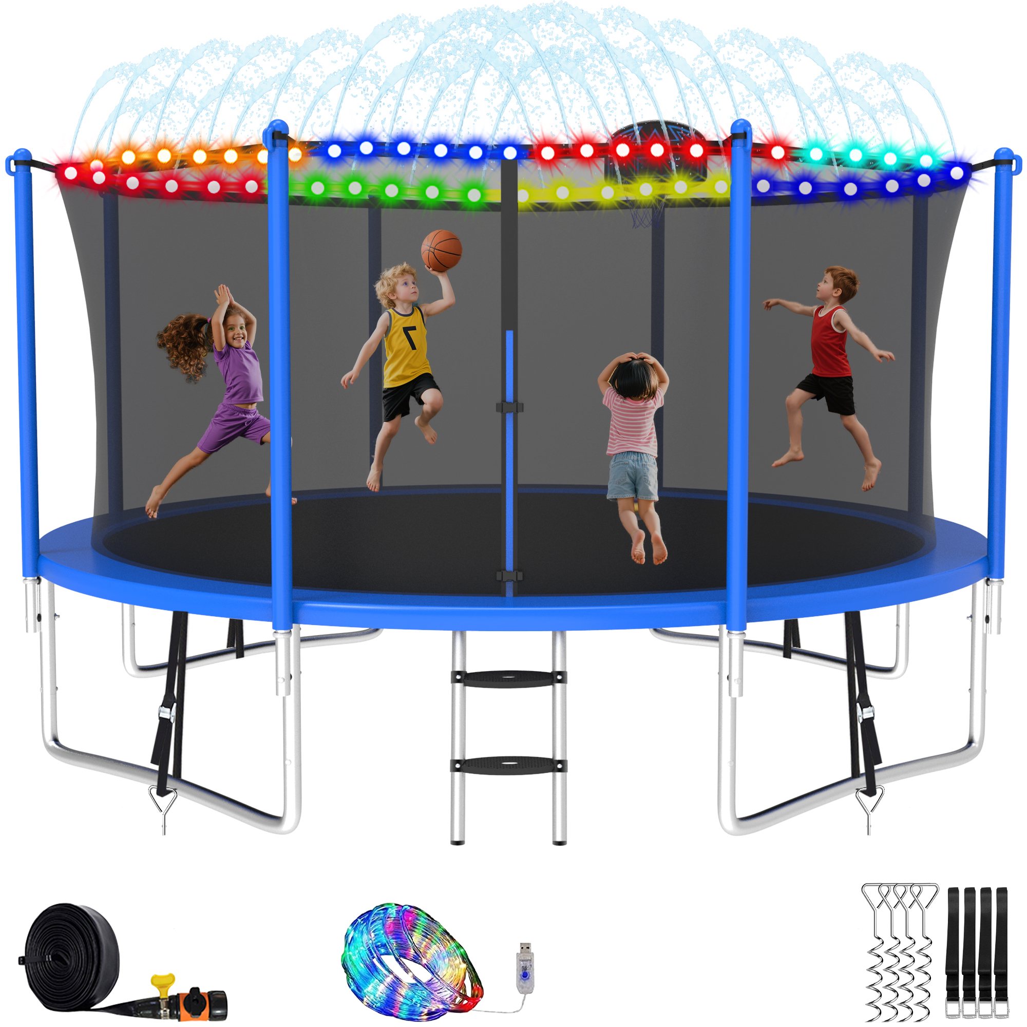Elitezip 12FT Trampoline with Enclosure Net, 1200LBS Trampolines for Kids and Adults, Outdoor Trampoline with Basketball Hoop, Ladder, Lights and Sprinkler, Backyard Recreational Trampolines, Black