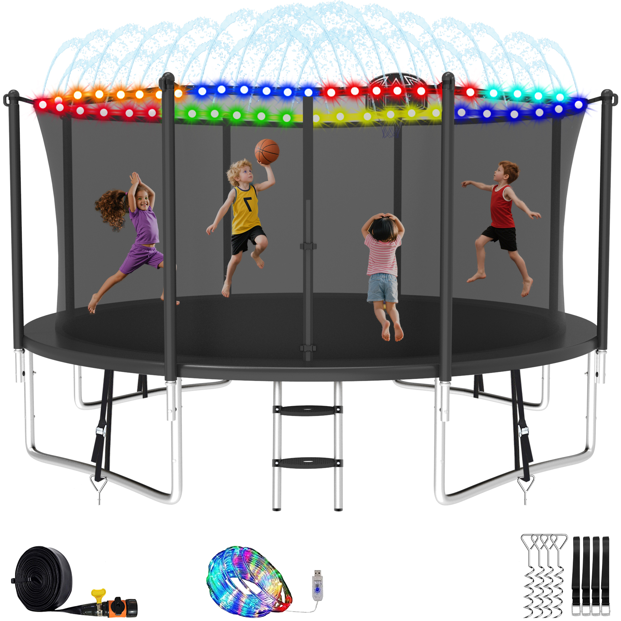 Elitezip 12FT Trampoline with Enclosure Net, 1200LBS Trampolines for Kids and Adults, Outdoor Trampoline with Basketball Hoop, Ladder, Lights and Sprinkler, Backyard Recreational Trampolines, Black