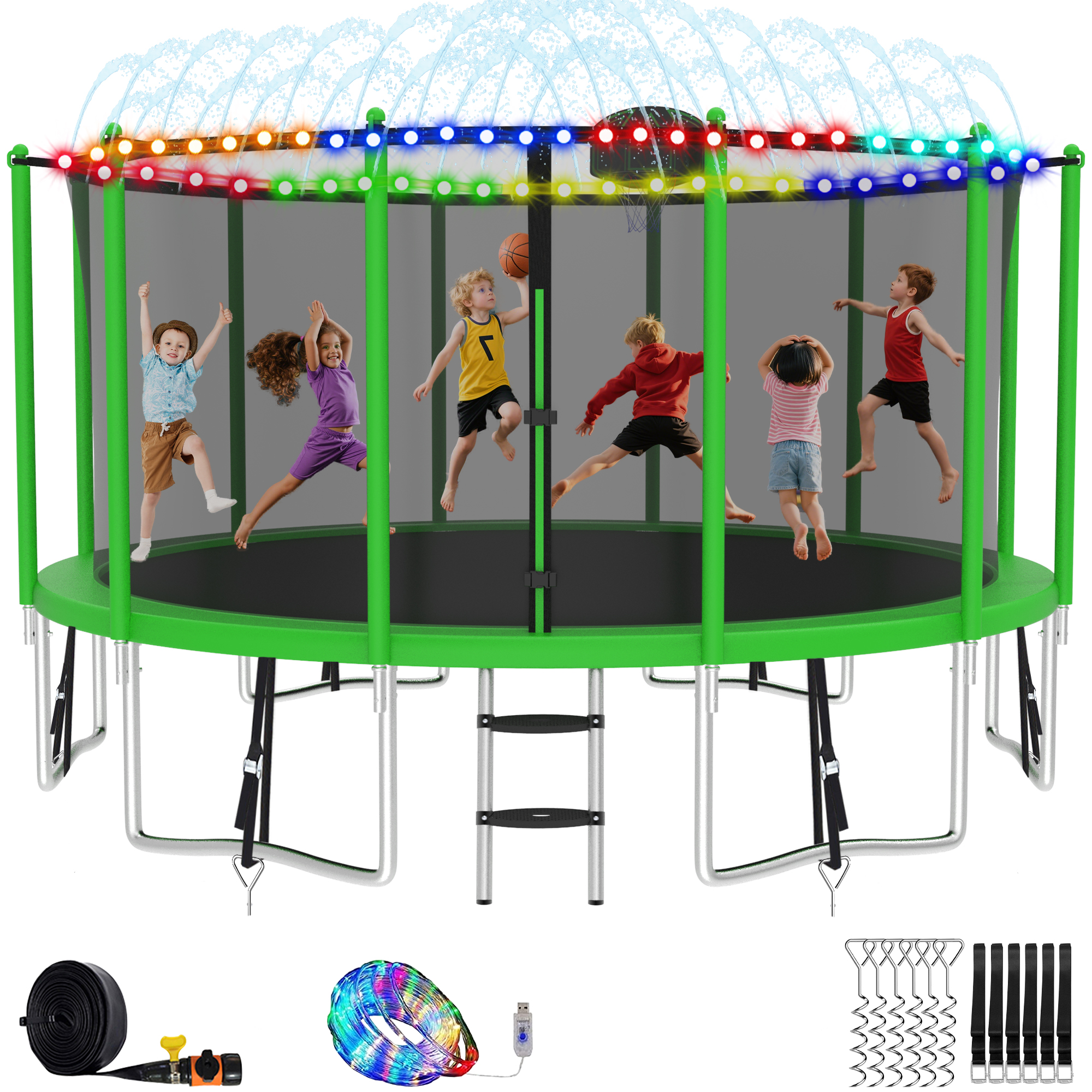 Elitezip 15FT 16FT Trampolines for 8-9 Kids Adults, 1500LBS Trampoline with Enclosure Net, Basketball Hoop, Ladder, Lights and Sprinklers, Outdoor Round Recreational Trampolines, Easy to Install