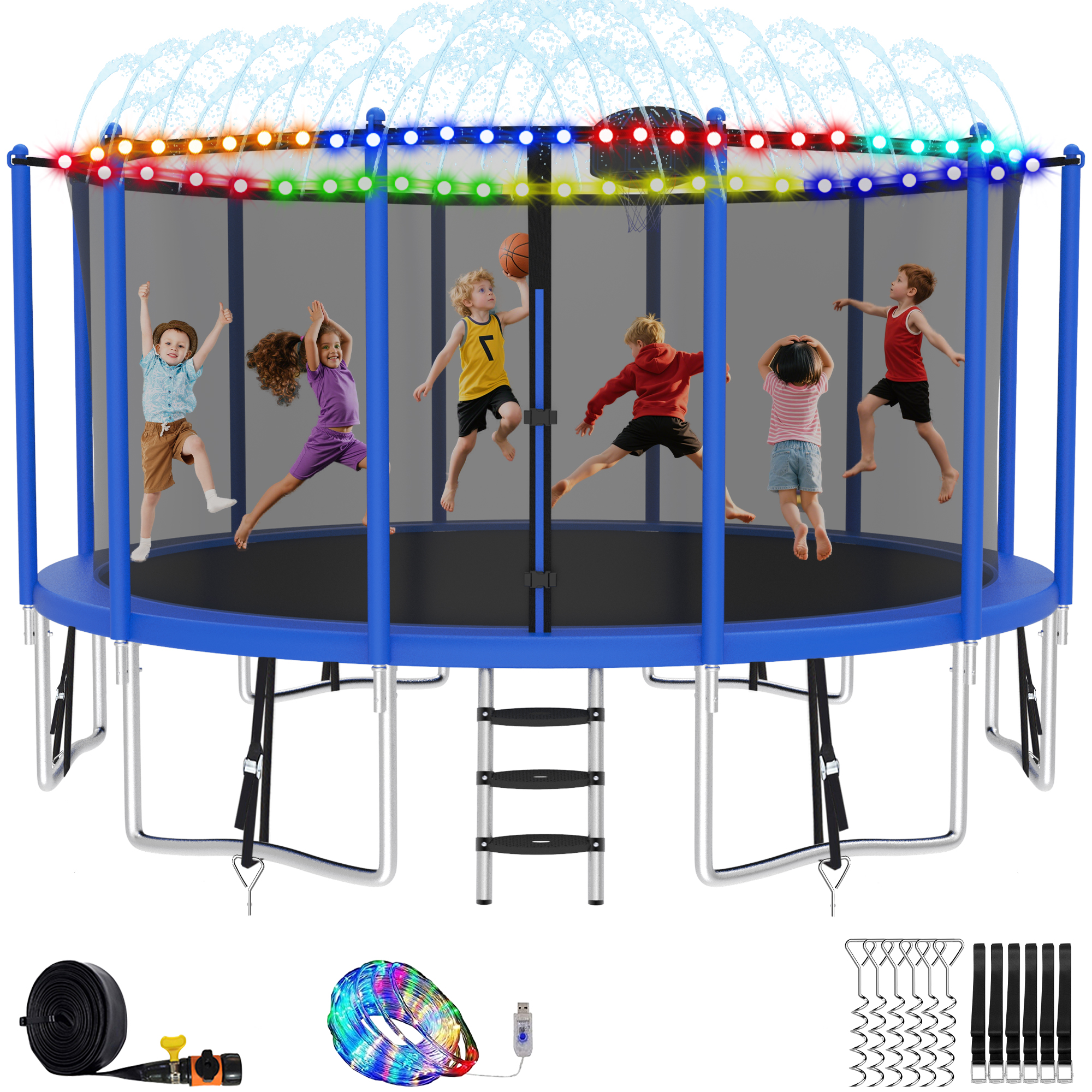 Elitezip 15FT 16FT Trampolines for 8-9 Kids Adults, 1500LBS Trampoline with Enclosure Net, Basketball Hoop, Ladder, Lights and Sprinklers, Outdoor Round Recreational Trampolines, Easy to Install