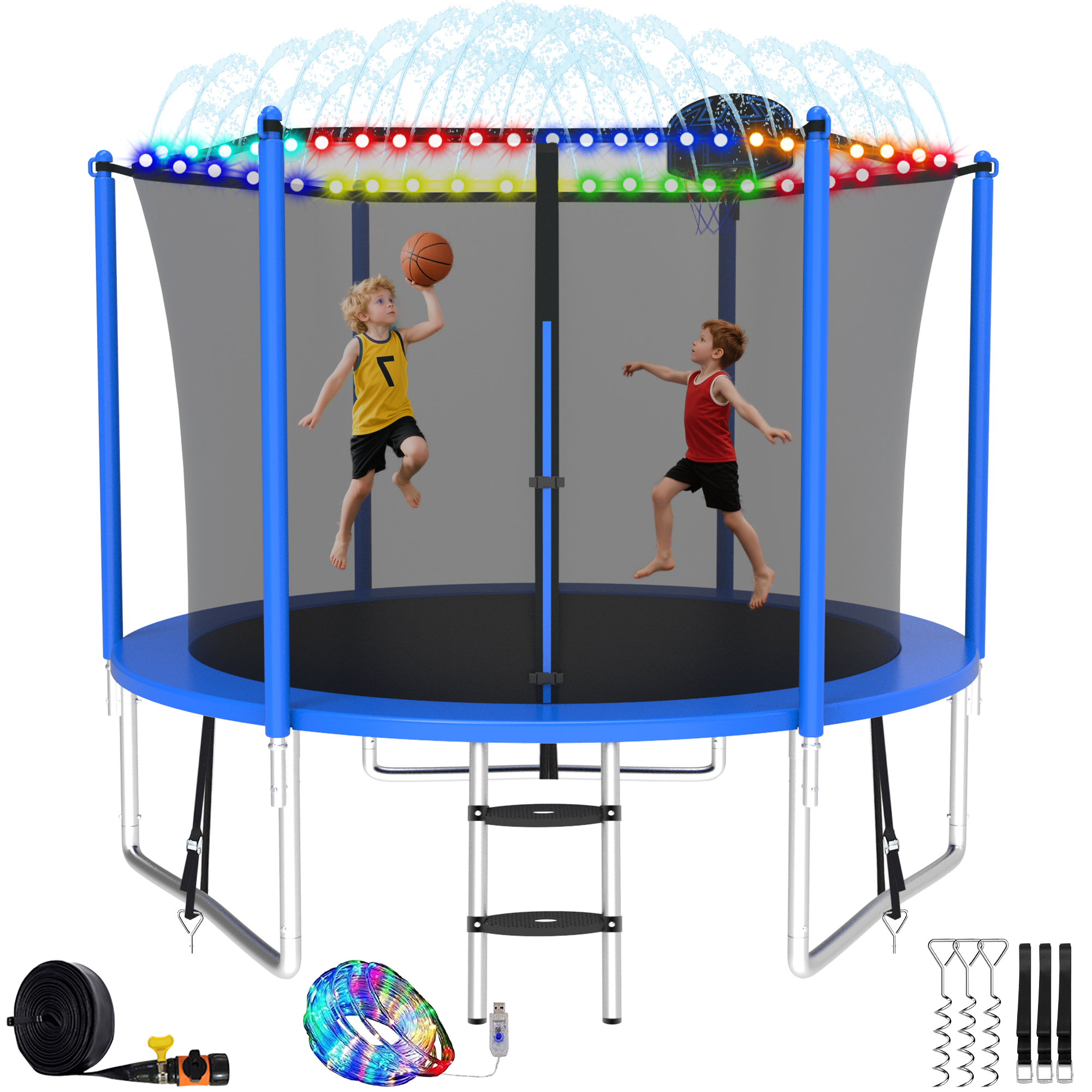 Elitezip Trampolines, 10FT Trampolines for 2-3 Kids, 1000LBS Trampoline with Basketball Hoop, Trampoline Outdoor with Enclosure Net, Lights and Sprinklers, Heavy-duty Backyard Trampoline for Adults