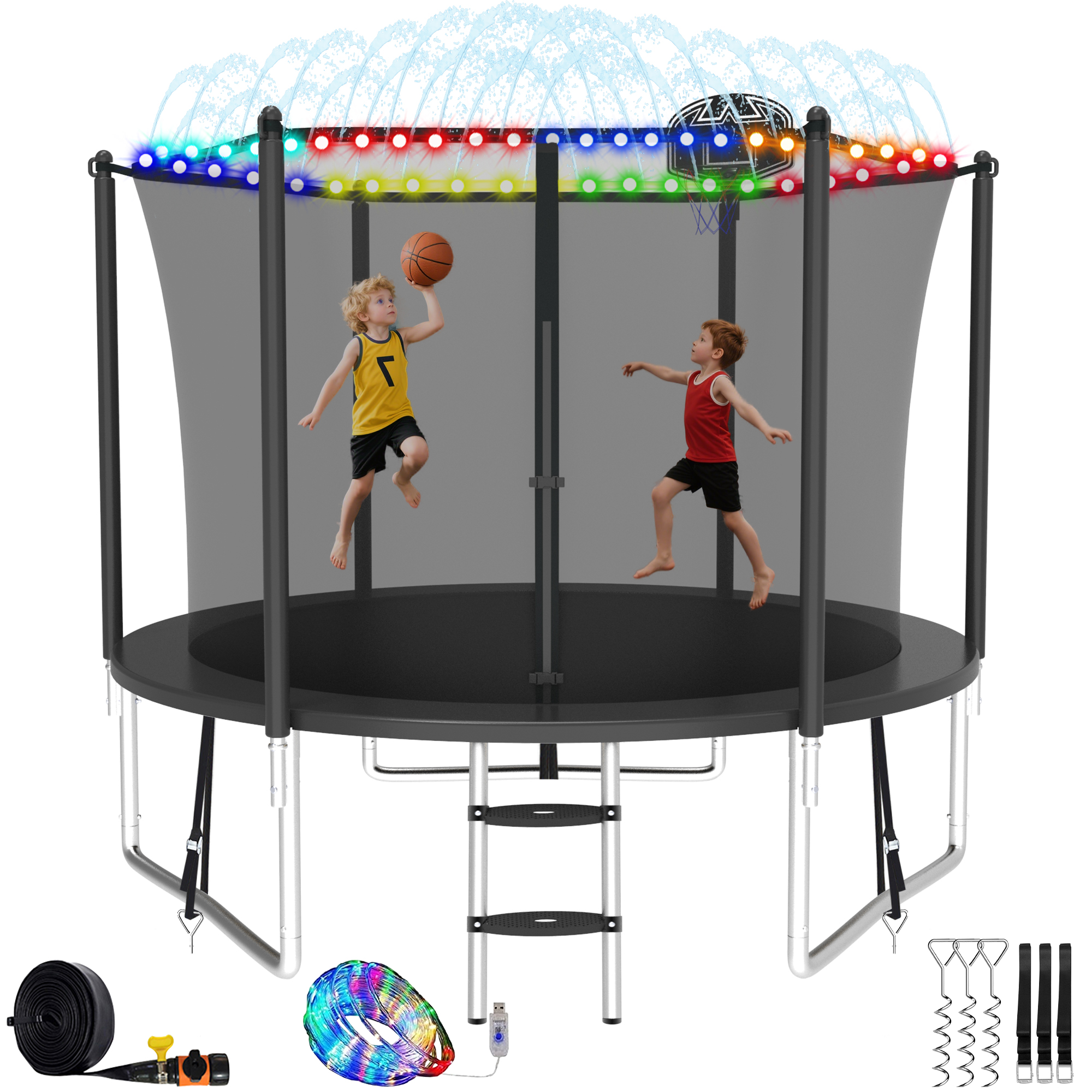 Elitezip Trampolines, 10FT Trampolines for 2-3 Kids, 1000LBS Trampoline with Basketball Hoop, Trampoline Outdoor with Enclosure Net, Lights and Sprinklers, Heavy-duty Backyard Trampoline for Adults