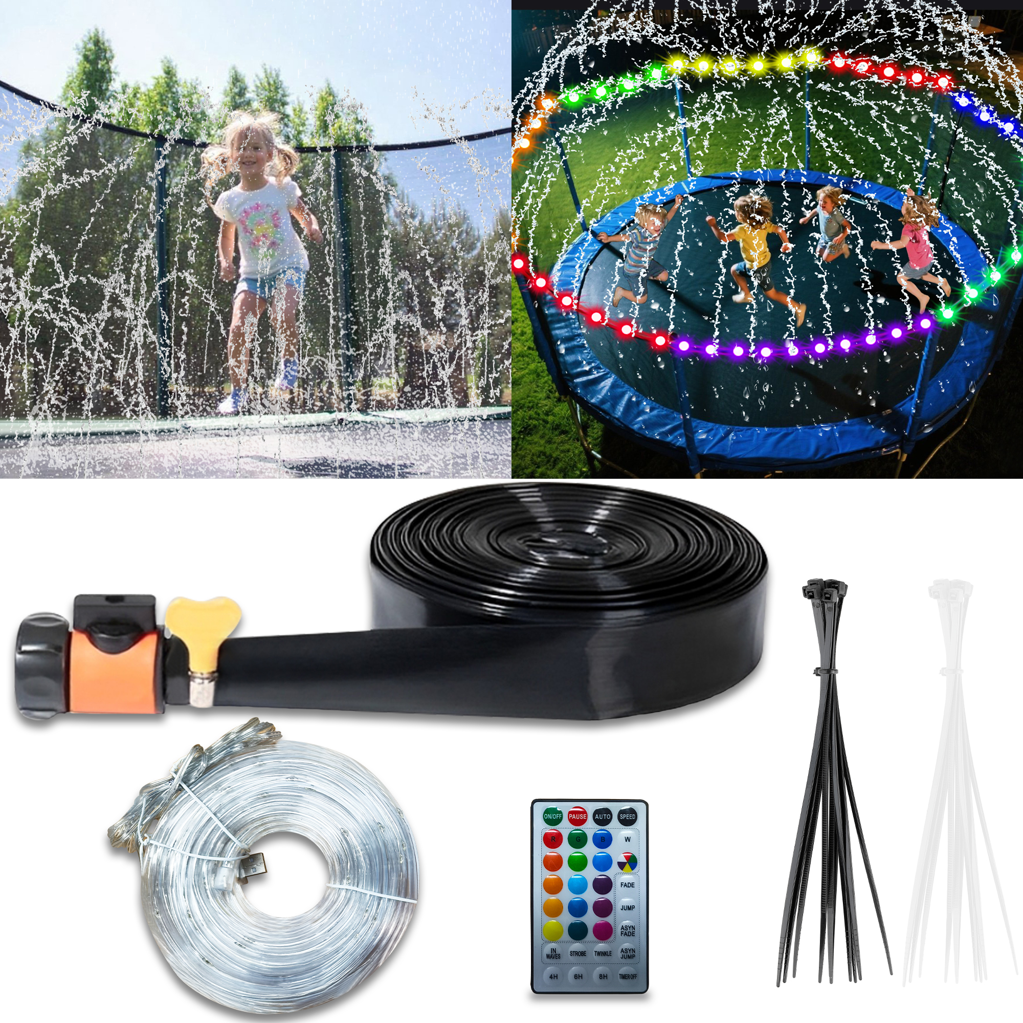 Elitezip 49.2FT Trampoline Lights & Water Sprinkler, Outdoor Trampoline Sprinkler LED Trampoline Light, 16 Colors, Remote Control, Waterproof, Christmas Backyard Trampoline Accessories, For 8FT-16FT