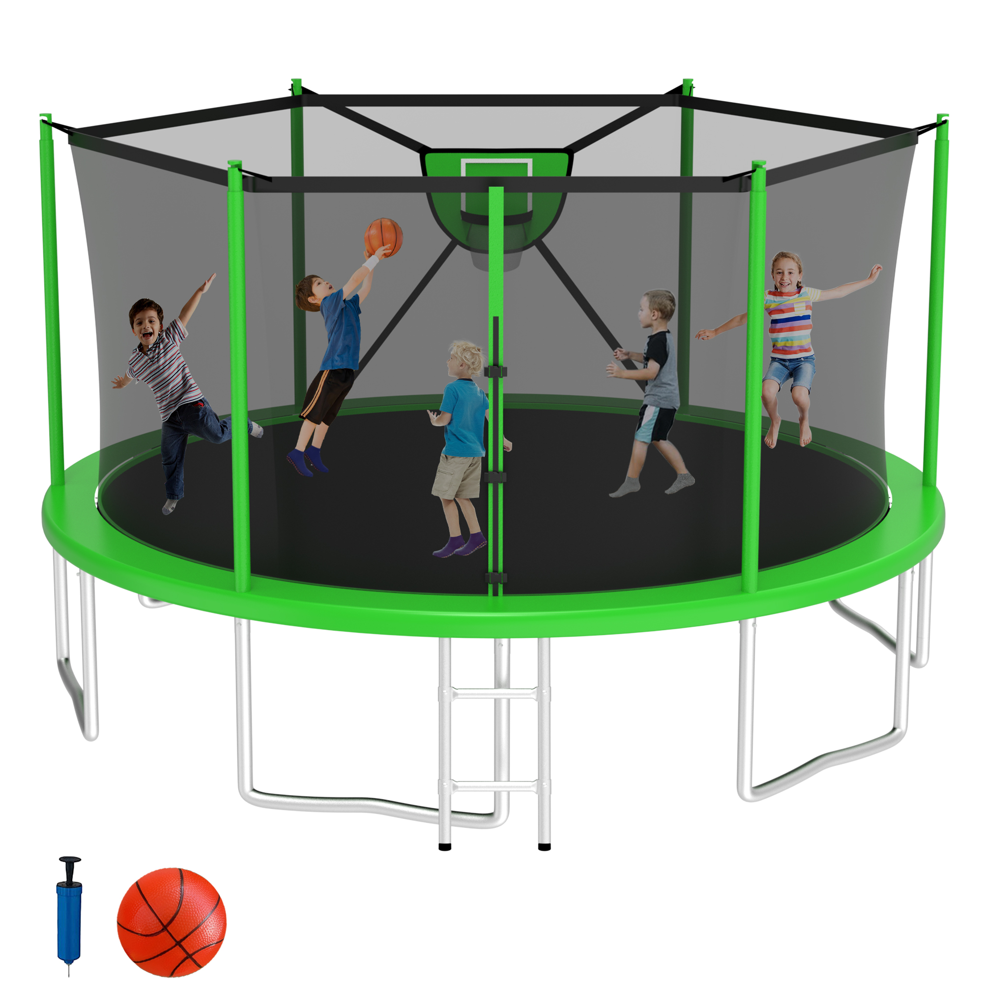 Elitezip Outdoor Trampoline 16FT, Trampolines with Safety Enclosure Net for Kids, Backyard Recreational Trampoline with Basketball Hoop, Ladder, Heavy-Duty Round Trampoline for Adult, 1600LBS Loading